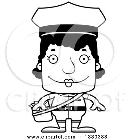 Lineart Clipart of a Cartoon Black and White Happy Block Headed Black Mail Woman - Royalty Free Outline Vector Illustration by Cory Thoman