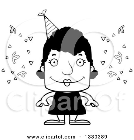 Lineart Clipart of a Cartoon Black and White Happy Block Headed Black Party Woman - Royalty Free Outline Vector Illustration by Cory Thoman