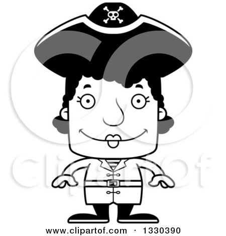 Lineart Clipart of a Cartoon Black and White Happy Block Headed Black Woman Pirate - Royalty Free Outline Vector Illustration by Cory Thoman