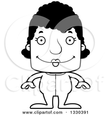 Lineart Clipart of a Cartoon Black and White Happy Block Headed Black Woman in Pajamas - Royalty Free Outline Vector Illustration by Cory Thoman