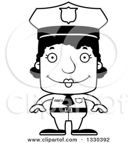 Lineart Clipart of a Cartoon Black and White Happy Block Headed Black Woman Police Officer - Royalty Free Outline Vector Illustration by Cory Thoman