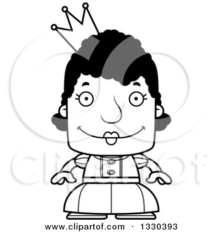 Lineart Clipart of a Cartoon Black and White Happy Block Headed Black Woman Princess - Royalty Free Outline Vector Illustration by Cory Thoman