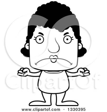Lineart Clipart of a Cartoon Black and White Mad Block Headed Black Woman Swimmer - Royalty Free Outline Vector Illustration by Cory Thoman
