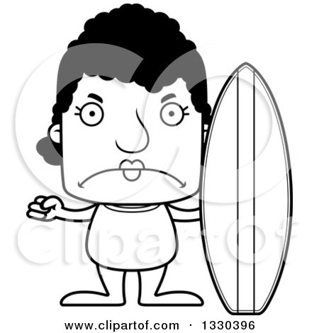 Lineart Clipart of a Cartoon Black and White Mad Block Headed Black Woman Surfer - Royalty Free Outline Vector Illustration by Cory Thoman