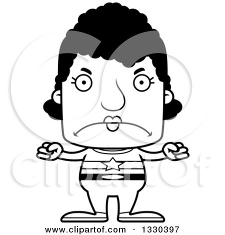 Lineart Clipart of a Cartoon Black and White Mad Block Headed Black Woman Super Hero - Royalty Free Outline Vector Illustration by Cory Thoman