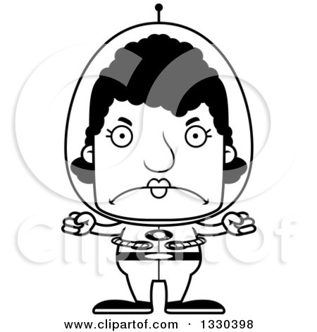Lineart Clipart of a Cartoon Black and White Mad Block Headed Black Futuristic Space Woman - Royalty Free Outline Vector Illustration by Cory Thoman