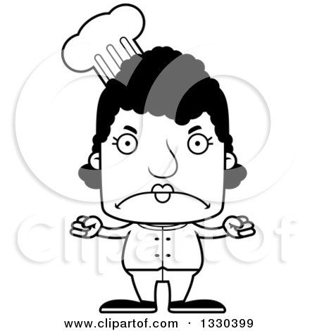 Lineart Clipart of a Cartoon Black and White Mad Block Headed Black Woman Chef - Royalty Free Outline Vector Illustration by Cory Thoman