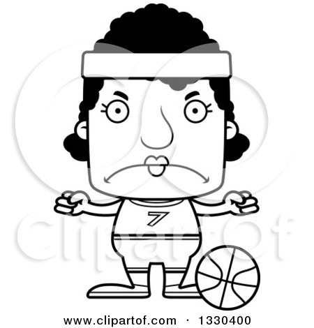 Lineart Clipart of a Cartoon Black and White Mad Block Headed Black Woman Basketball Player - Royalty Free Outline Vector Illustration by Cory Thoman