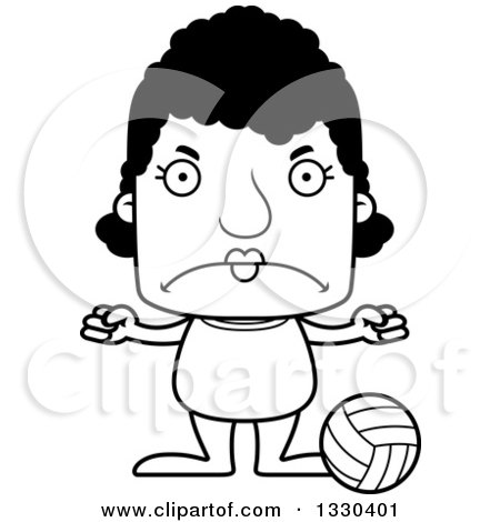 Lineart Clipart of a Cartoon Black and White Mad Block Headed Black Woman Beach Volleyball Player - Royalty Free Outline Vector Illustration by Cory Thoman