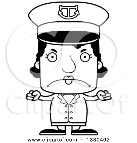 Lineart Clipart of a Cartoon Black and White Mad Block Headed Black Woman Boat Captain - Royalty Free Outline Vector Illustration by Cory Thoman