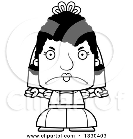 Lineart Clipart of a Cartoon Black and White Mad Block Headed Black Woman Bride - Royalty Free Outline Vector Illustration by Cory Thoman