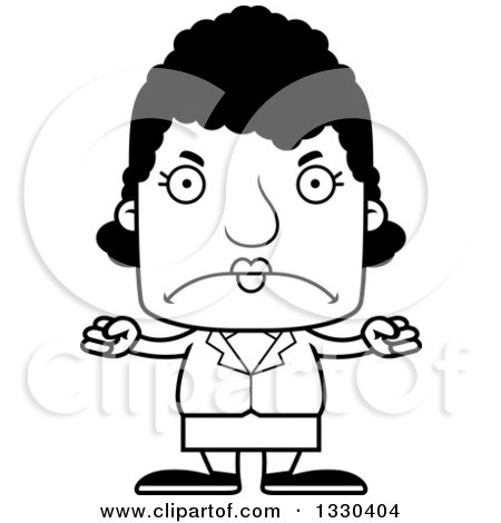 Lineart Clipart of a Cartoon Black and White Mad Block Headed Black Woman - Royalty Free Outline Vector Illustration by Cory Thoman