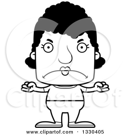 Lineart Clipart of a Cartoon Black and White Mad Block Headed Black Casual Woman - Royalty Free Outline Vector Illustration by Cory Thoman