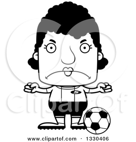 Lineart Clipart of a Cartoon Black and White Mad Block Headed Black Woman Soccer Player - Royalty Free Outline Vector Illustration by Cory Thoman