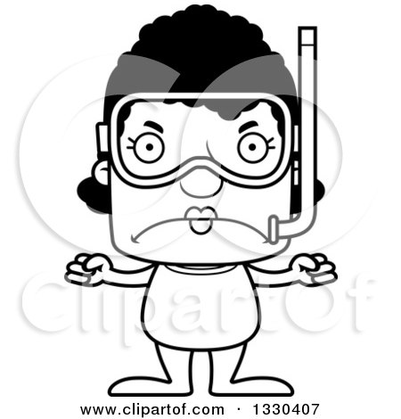 Lineart Clipart of a Cartoon Black and White Mad Block Headed Black Woman in Snorkel Gear - Royalty Free Outline Vector Illustration by Cory Thoman