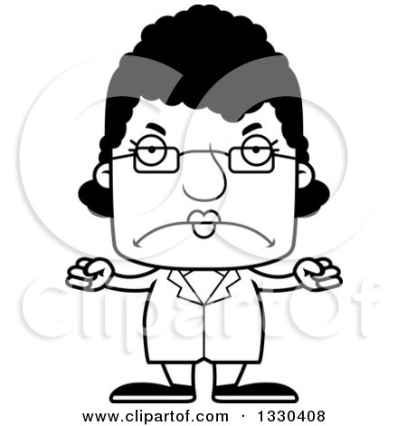 Lineart Clipart of a Cartoon Black and White Mad Block Headed Black Woman Science - Royalty Free Outline Vector Illustration by Cory Thoman