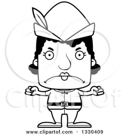 Lineart Clipart of a Cartoon Black and White Mad Block Headed Black Robin Hood Woman - Royalty Free Outline Vector Illustration by Cory Thoman