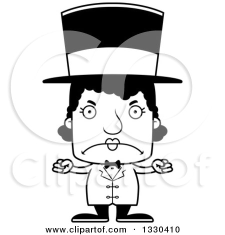 Lineart Clipart of a Cartoon Black and White Mad Block Headed Black Woman Circus Ringmaster - Royalty Free Outline Vector Illustration by Cory Thoman