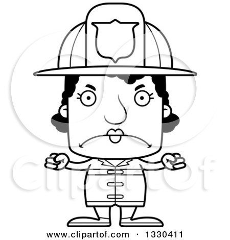 Lineart Clipart of a Cartoon Black and White Mad Block Headed Black Woman Firefighter - Royalty Free Outline Vector Illustration by Cory Thoman