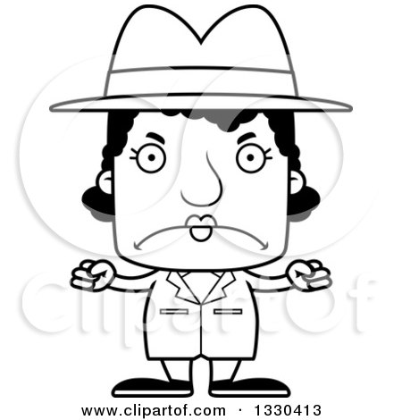 Lineart Clipart of a Cartoon Black and White Mad Block Headed Black Woman Detective - Royalty Free Outline Vector Illustration by Cory Thoman