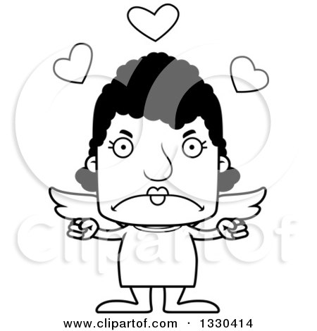 Lineart Clipart of a Cartoon Black and White Mad Block Headed Black Woman Cupid - Royalty Free Outline Vector Illustration by Cory Thoman