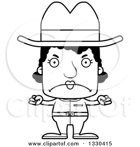 Lineart Clipart of a Cartoon Black and White Mad Block Headed Black Woman Cowboy - Royalty Free Outline Vector Illustration by Cory Thoman