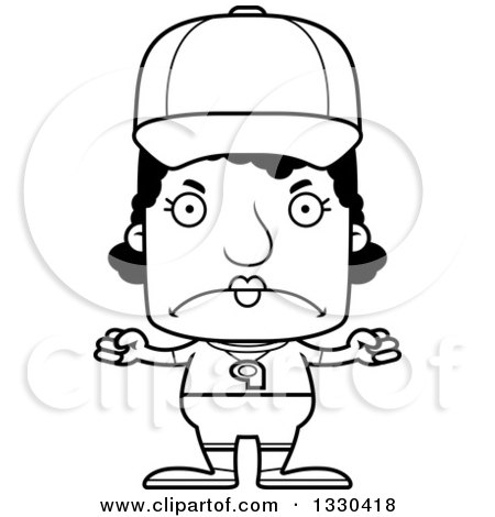Lineart Clipart of a Cartoon Black and White Mad Block Headed Black Woman Sports Coach - Royalty Free Outline Vector Illustration by Cory Thoman