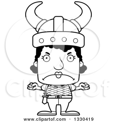 Lineart Clipart of a Cartoon Black and White Mad Block Headed Black Woman Viking - Royalty Free Outline Vector Illustration by Cory Thoman