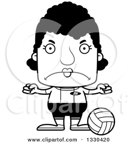 Lineart Clipart of a Cartoon Black and White Mad Block Headed Black Woman Volleyball Player - Royalty Free Outline Vector Illustration by Cory Thoman