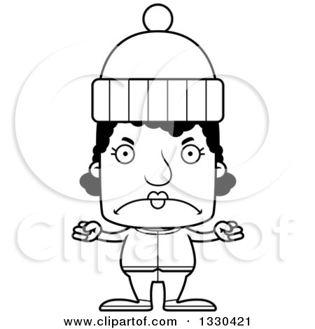 Lineart Clipart of a Cartoon Black and White Mad Block Headed Black Woman in Winter Clothes - Royalty Free Outline Vector Illustration by Cory Thoman