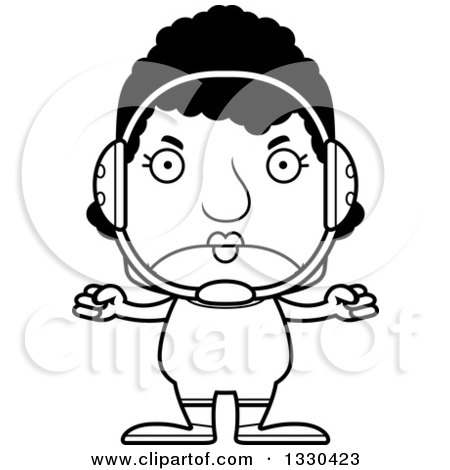 Lineart Clipart of a Cartoon Black and White Mad Block Headed Black Woman Wrestler - Royalty Free Outline Vector Illustration by Cory Thoman