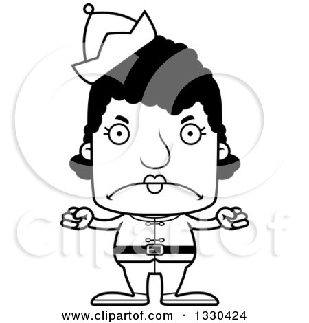 Lineart Clipart of a Cartoon Black and White Mad Block Headed Black Woman Christmas Elf - Royalty Free Outline Vector Illustration by Cory Thoman