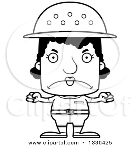 Lineart Clipart of a Cartoon Black and White Mad Block Headed Black Woman Zookeeper - Royalty Free Outline Vector Illustration by Cory Thoman