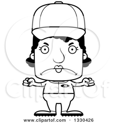 Lineart Clipart of a Cartoon Black and White Mad Block Headed Black Woman Baseball Player - Royalty Free Outline Vector Illustration by Cory Thoman
