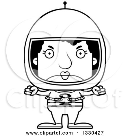 Lineart Clipart of a Cartoon Black and White Mad Block Headed Black Woman Astronaut - Royalty Free Outline Vector Illustration by Cory Thoman