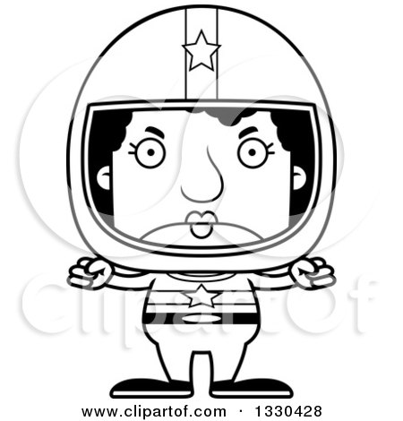 Lineart Clipart of a Cartoon Black and White Mad Block Headed Black Woman Race Car Driver - Royalty Free Outline Vector Illustration by Cory Thoman