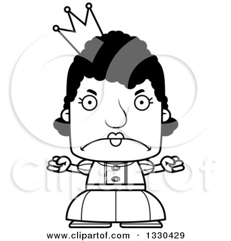 Lineart Clipart of a Cartoon Black and White Mad Block Headed Black Woman Princess - Royalty Free Outline Vector Illustration by Cory Thoman