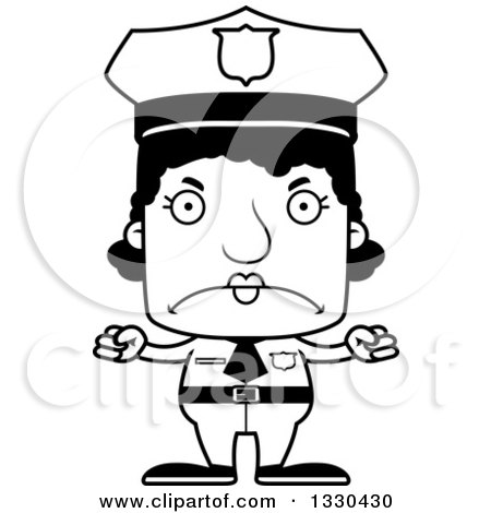 Lineart Clipart of a Cartoon Black and White Mad Block Headed Black Woman Police Officer - Royalty Free Outline Vector Illustration by Cory Thoman