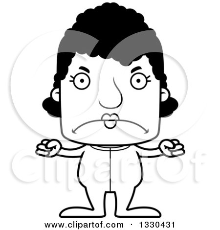 Lineart Clipart of a Cartoon Black and White Mad Block Headed Black Woman in Pajamas - Royalty Free Outline Vector Illustration by Cory Thoman