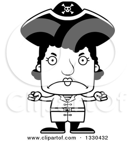 Lineart Clipart of a Cartoon Black and White Mad Block Headed Black Woman Pirate - Royalty Free Outline Vector Illustration by Cory Thoman