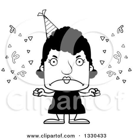 Lineart Clipart of a Cartoon Black and White Mad Block Headed Black Party Woman - Royalty Free Outline Vector Illustration by Cory Thoman