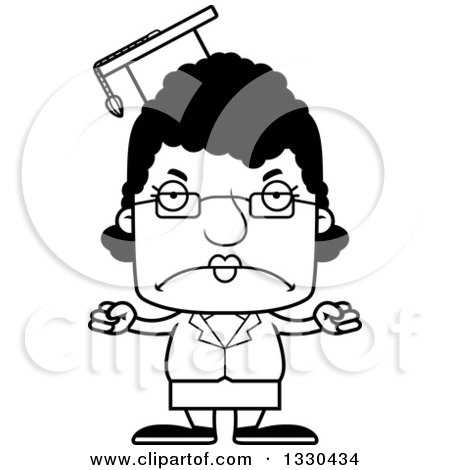 Lineart Clipart of a Cartoon Black and White Mad Block Headed Black Woman Professor - Royalty Free Outline Vector Illustration by Cory Thoman
