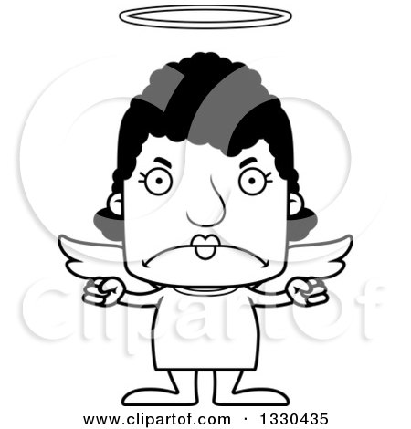 Lineart Clipart of a Cartoon Black and White Mad Block Headed Black Woman Angel - Royalty Free Outline Vector Illustration by Cory Thoman