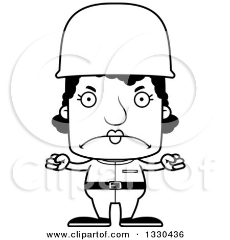 Lineart Clipart of a Cartoon Black and White Mad Block Headed Black Woman Soldier - Royalty Free Outline Vector Illustration by Cory Thoman