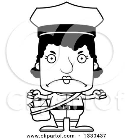 Lineart Clipart of a Cartoon Black and White Mad Block Headed Black Mail Woman - Royalty Free Outline Vector Illustration by Cory Thoman