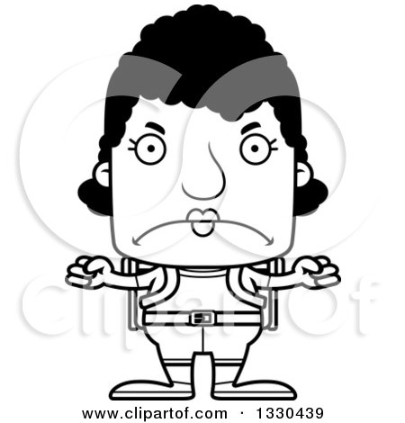 Lineart Clipart of a Cartoon Black and White Mad Block Headed Black Woman Hiker - Royalty Free Outline Vector Illustration by Cory Thoman