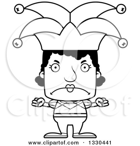 Lineart Clipart of a Cartoon Black and White Mad Block Headed Black Woman Jester - Royalty Free Outline Vector Illustration by Cory Thoman