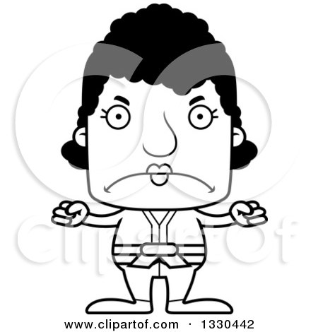 Lineart Clipart of a Cartoon Black and White Mad Block Headed Black Karate Woman - Royalty Free Outline Vector Illustration by Cory Thoman