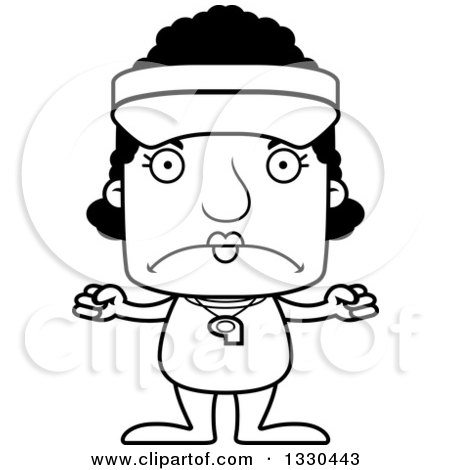 Lineart Clipart of a Cartoon Black and White Mad Block Headed Black Woman Lifeguard - Royalty Free Outline Vector Illustration by Cory Thoman