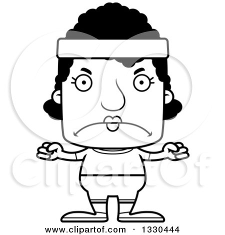 Lineart Clipart of a Cartoon Black and White Mad Block Headed Black Fitness Woman - Royalty Free Outline Vector Illustration by Cory Thoman